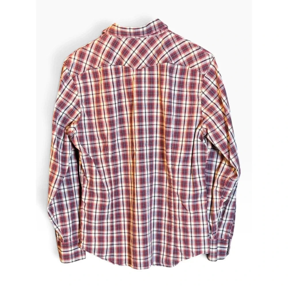 Banana Republic Mens Slim Western Shirt M Red Plaid Stretch Pearl Snap Cotton